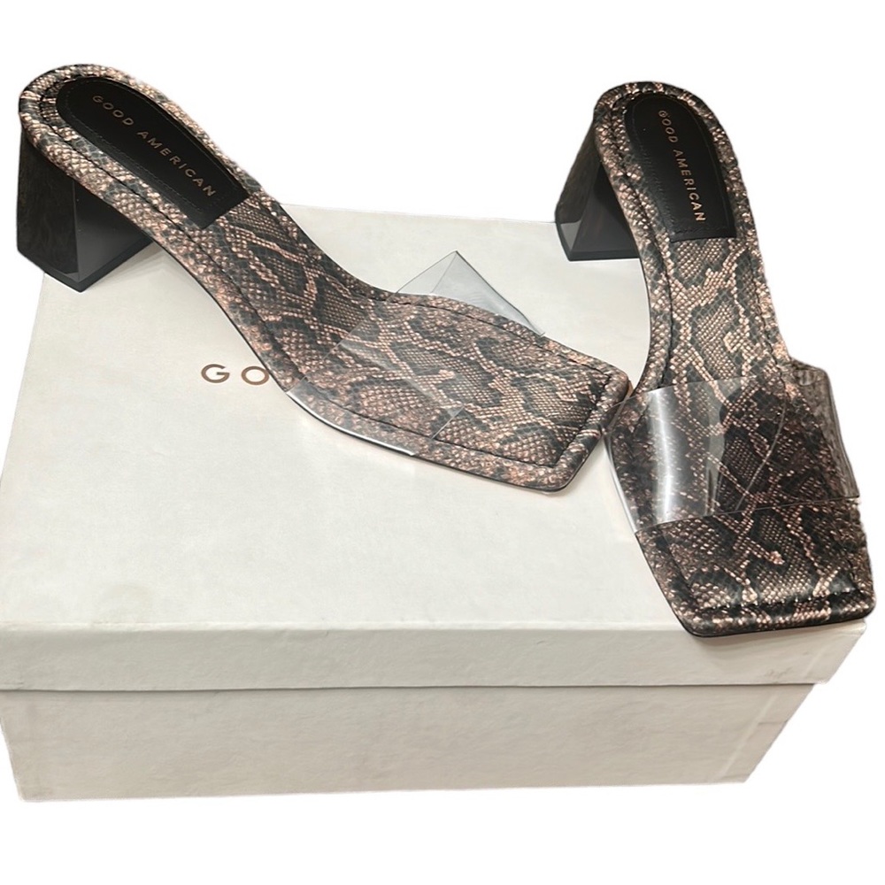 Good American Brown Snakeskin Print Clear Strap Block Heel Slides